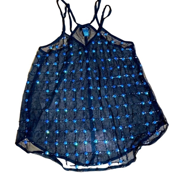 3/$25 🍄 Rue 21 Black Mesh See Through Blue Sequined Beaded Tank Size Large - Picture 1 of 6